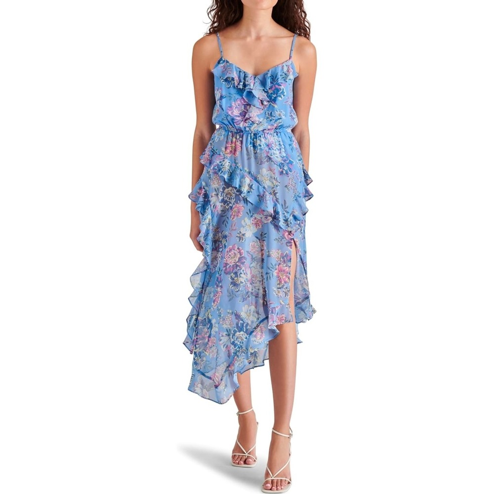 NWOT Steve Madden Blue Floral Chiffon Ruffle Tiered High-Low Midi Dress Small